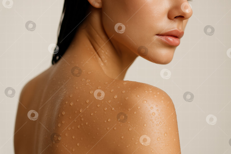 Скачать Крупный план женской спины с капельками воды, демонстрирующий гладкую текстуру кожи и естественную красоту при мягком освещении фотосток Ozero