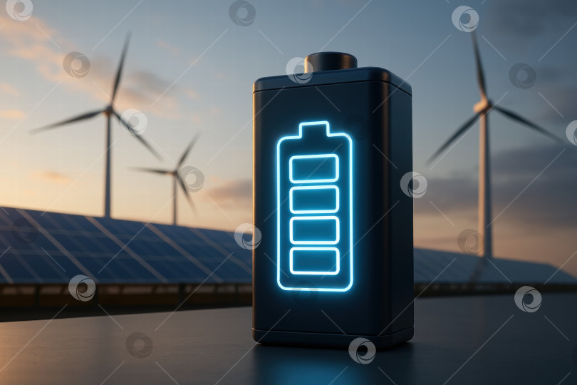 Скачать Современный энергетический пейзаж Со значком батареи на фоне ветряных турбин и солнечных панелей Во время заката фотосток Ozero