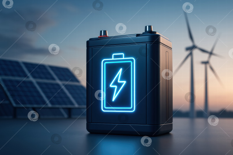 Скачать Инновационная аккумуляторная технология, демонстрирующая решения в области возобновляемых источников энергии с солнечными панелями и ветряными турбинами на заднем плане на закате фотосток Ozero