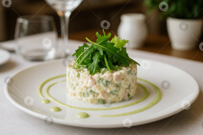 Скачать Аппетитный изысканный салат из свежих овощей, красиво разложенный на белой тарелке, украшенный яркой зеленью и обильно политый соусом. фотосток Ozero