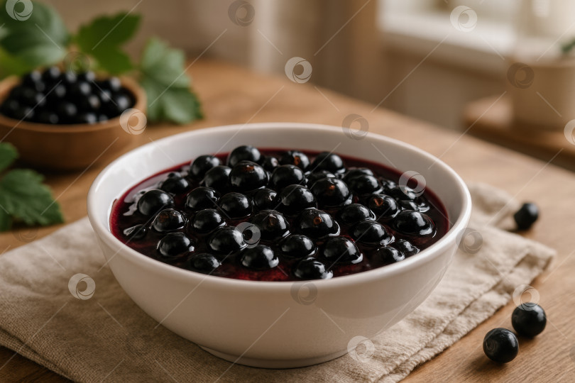 Скачать Восхитительно свежий компот из черной смородины в белой вазочке, украшенный сочными ягодами, идеально подходит для изысканных десертов и сладких угощений фотосток Ozero