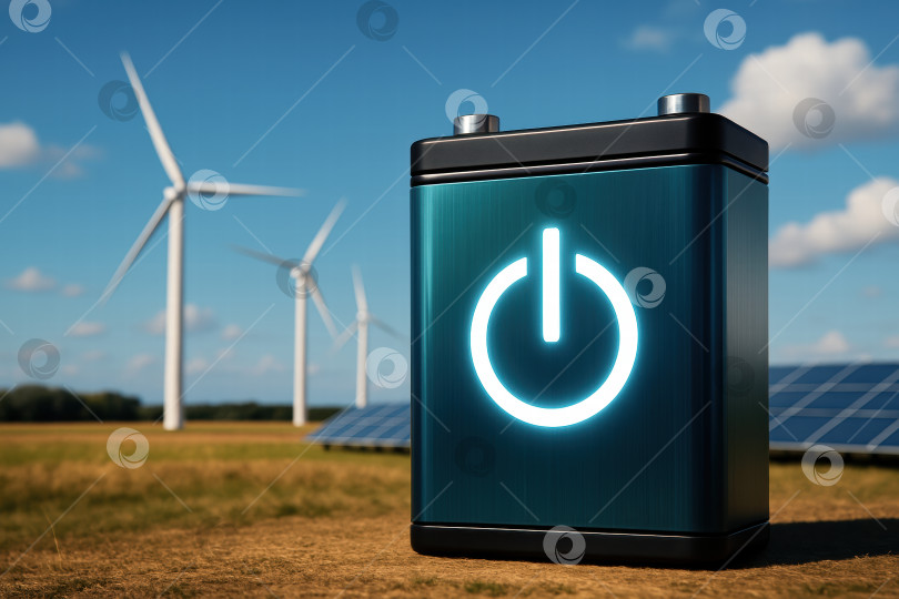 Скачать Современная система накопления энергии с использованием возобновляемых источников, таких как ветер и Солнечная энергия, с символом Power для устойчивых энергетических решений фотосток Ozero