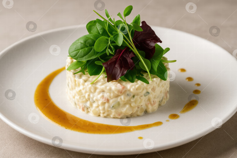 Скачать Изысканное блюдо для гурманов со сливочным ризотто, посыпанное свежей зеленью и сбрызнутое пикантным соусом фотосток Ozero
