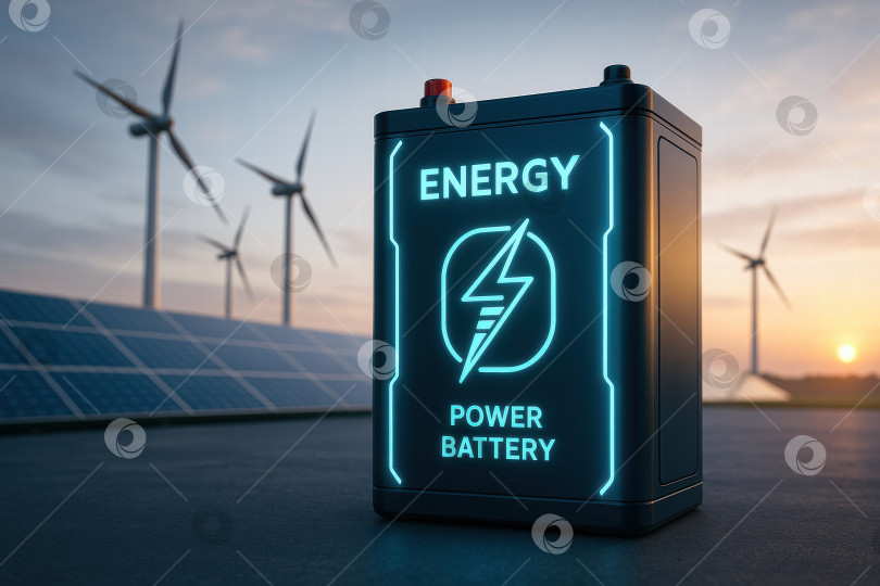 Скачать Современная энергетическая батарея, представленная среди ветряных турбин и солнечных панелей, символизирует устойчивые энергетические решения и инновационные технологические достижения фотосток Ozero