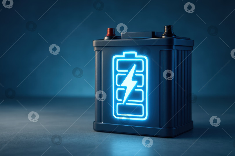 Скачать Светящийся аккумулятор со значком молнии, иллюстрирующим мощность и накопление энергии для применения в передовых технологиях фотосток Ozero