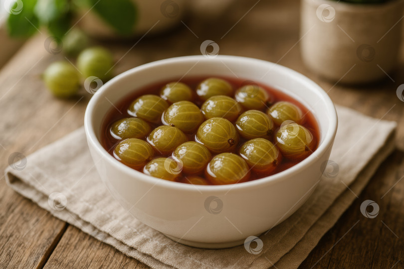 Скачать Блюдо из свежего зеленого крыжовника в сладком сиропе подается на загородном столе в окружении натурального декора в качестве освежающего угощения или полезного перекуса фотосток Ozero