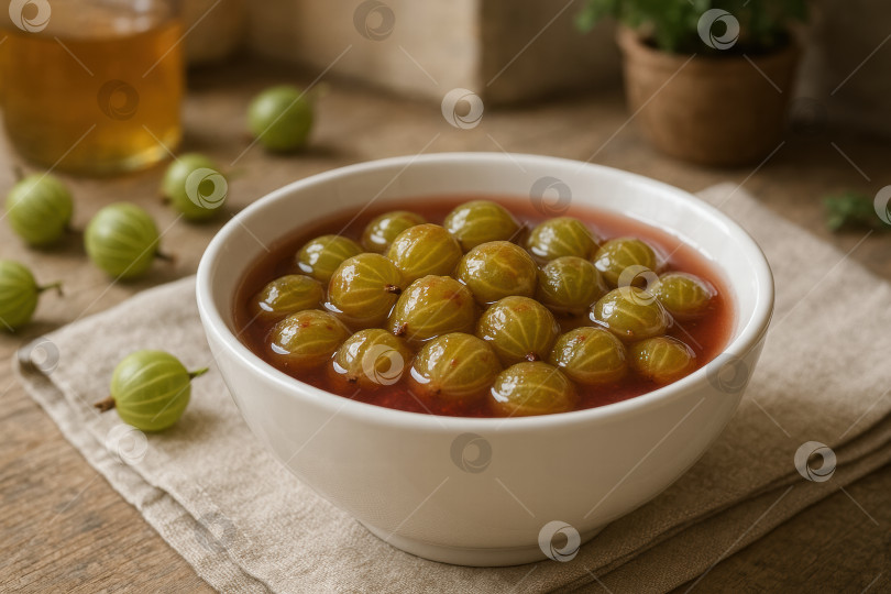 Скачать Тарелка со свежим зеленым крыжовником в сиропе, готовая к подаче, в окружении других ягод крыжовника на деревянном столе в деревенском стиле с естественным освещением. фотосток Ozero