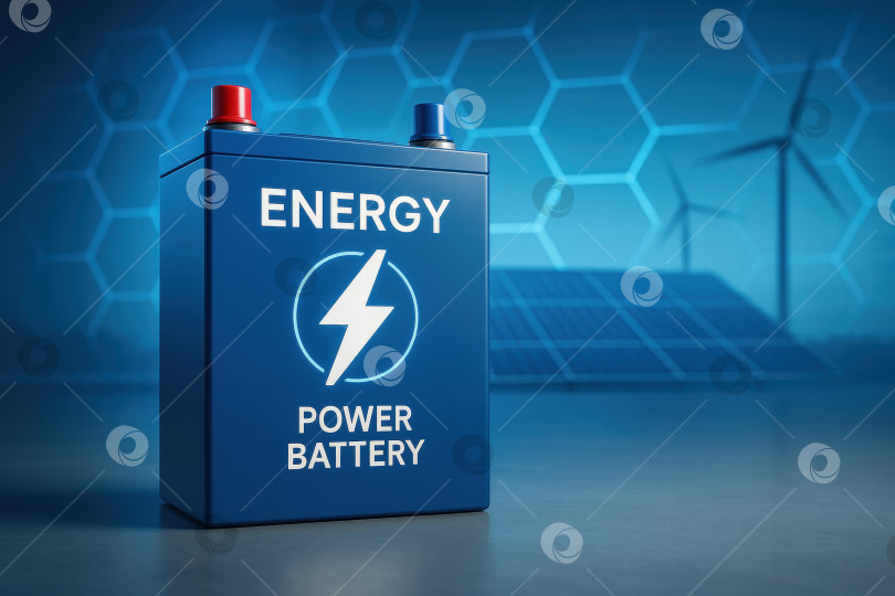 Скачать Инновационные энергетические решения: Мощная батарея, представляющая перспективы устойчивой энергетики, с ветряными турбинами и солнечными батареями на заднем плане фотосток Ozero