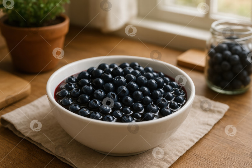Скачать Блюдо со свежей сочной черникой, сервированное на деревянном столе в деревенском стиле, с естественным освещением, проникающим через соседнее окно. фотосток Ozero
