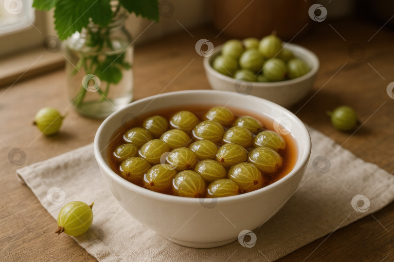 Скачать Яркая тарелка с зеленым крыжовником, политым острым сиропом, в окружении свежих фруктов и трав, подчеркивающая щедрость природы в обстановке кухни в деревенском стиле. фотосток Ozero