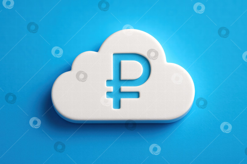 Скачать Символ в форме облака, представляющий цифровую валюту со знаком валюты на ярко-синем фоне, символизирующий инновации в финансовых технологиях и услугах. фотосток Ozero