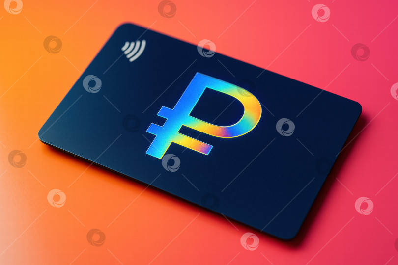 Скачать Современная платежная карта с красочным символом Рубля на градиентном фоне, подчеркивающая цифровые транзакции и инновации в области финансовых технологий. фотосток Ozero