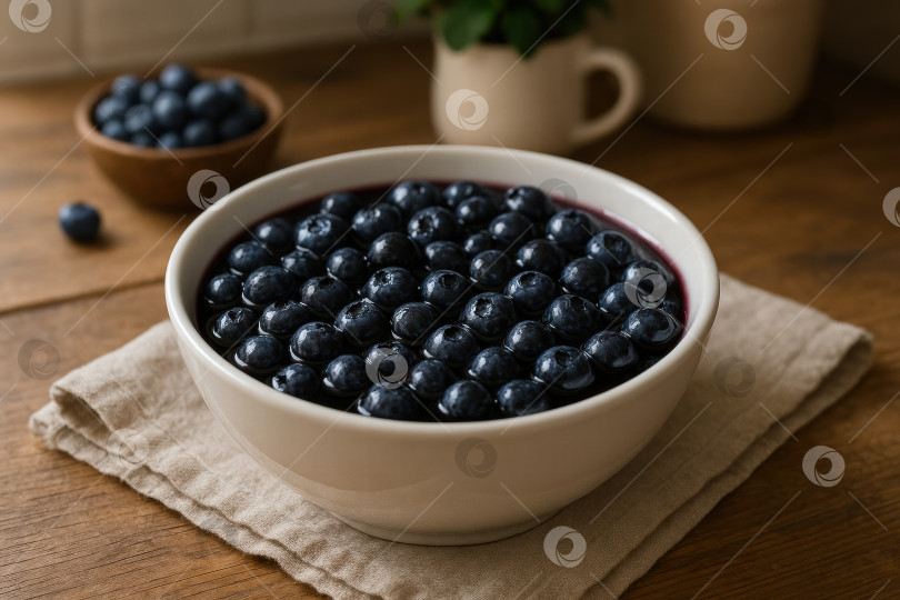 Скачать Свежая и яркая миска с сочной черникой, демонстрирующая свой насыщенный цвет и округлую форму, на деревянном столе в деревенском стиле. фотосток Ozero