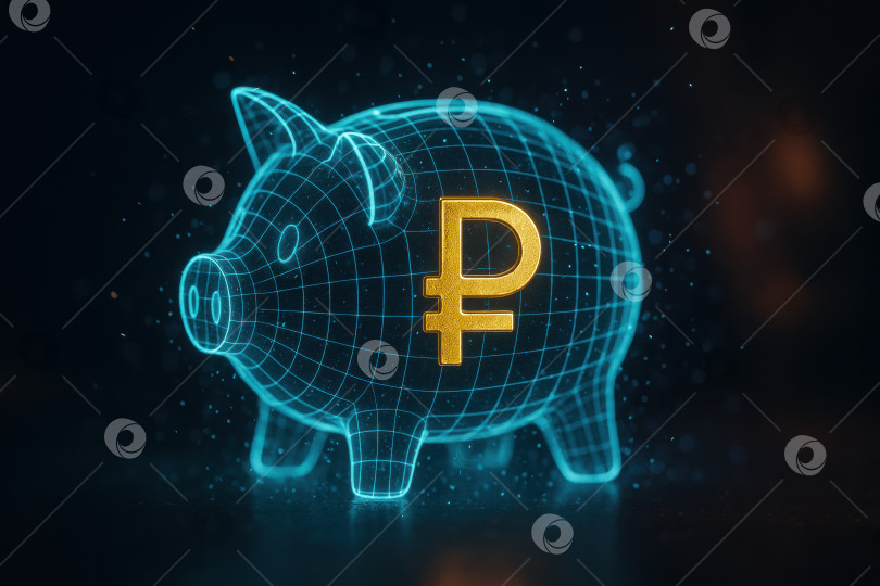 Скачать Потрясающее цифровое изображение копилки с золотым символом валюты, подчеркивающее финансовый рост и сбережения в современную эпоху фотосток Ozero