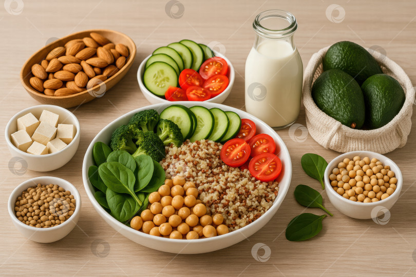 Скачать Полезный ассортимент свежих овощей, богатых белком бобовых и питательных злаков Идеально подходит для сбалансированного питания и здорового образа жизни. фотосток Ozero