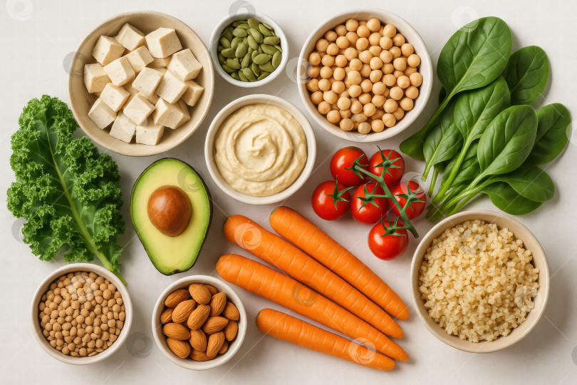 Скачать Разнообразный ассортимент свежих овощей и богатых питательными веществами ингредиентов для приготовления полезных блюд на растительной основе и вдохновения в области диетологии. фотосток Ozero