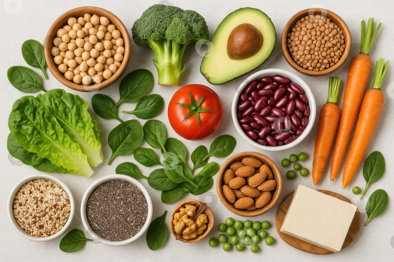 Скачать Полезное сочетание свежих овощей, бобовых, орехов и зерновых культур с разнообразными натуральными ингредиентами для приготовления сытных блюд фотосток Ozero