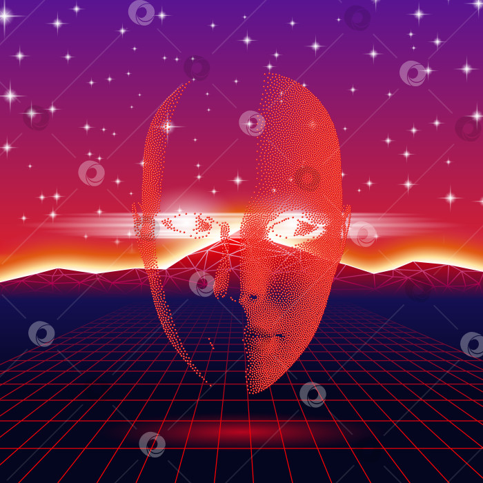 Скачать Силуэт блестящей головы в стиле ретро-волны на фоне неонового пейзажа фотосток Ozero