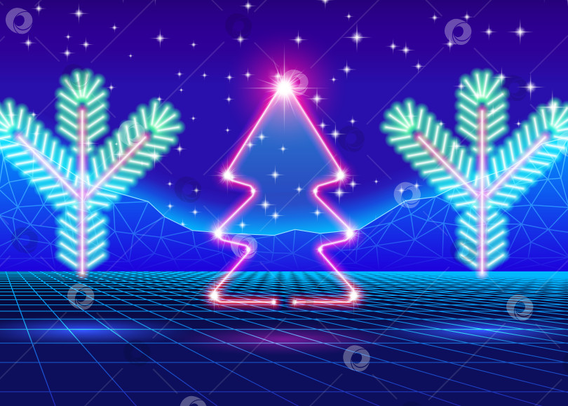 Скачать Рождественская открытка с неоновой елкой 80-х годов фотосток Ozero