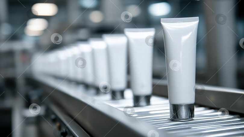 Скачать Сборочная линия с белыми кремовыми тюбиками на производственном предприятии, демонстрирующая современные технологии производства и процессы контроля качества фотосток Ozero