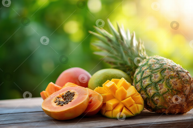 Скачать Яркая коллекция тропических фруктов, подчеркивающая экзотические ароматы папайи, манго и ананаса на фоне пышной зелени. фотосток Ozero