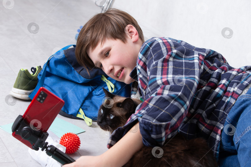 Скачать Маленький мальчик наслаждается моментом игры с кошкой во время записи на смартфон в уютной домашней обстановке фотосток Ozero