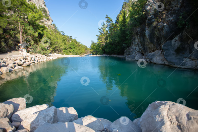 Скачать Кристально чистая вода в безмятежном каньоне, окруженном пышной зеленью, в яркий солнечный день фотосток Ozero