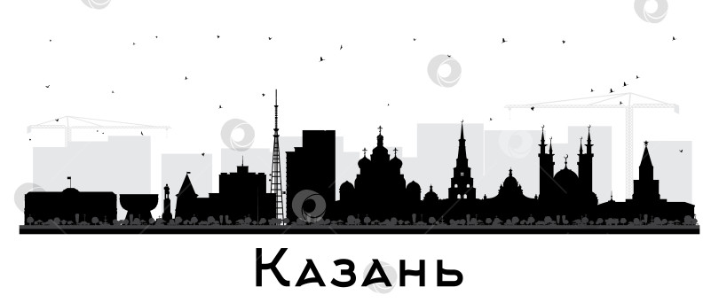 Скачать Казань. Россия. Силуэт городского пейзажа с чёрными зданиями на белом фоне. Панорама Казани с достопримечательностями. фотосток Ozero