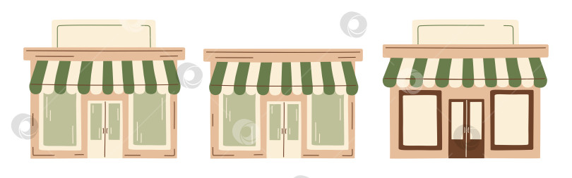 Скачать Векторная иллюстрация уютной маленькой пекарни, магазина, рынка, кафе или магазина в маленьком городке, симпатичная витрина с зеленым полосатым навесом, винтажная эстетика. Нарисованный от руки клипарт для создания фирменного стиля местного бизнеса. фотосток Ozero