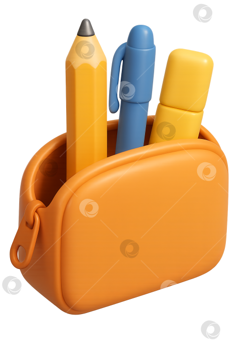 Скачать Вернемся к школьным принадлежностям: карандаш, ручка в оранжевом чехле, изолированные, фон фотосток Ozero