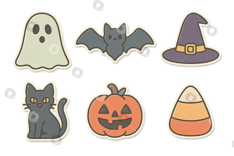 Скачать Набор иконок на Хэллоуин с изображением призрака, летучей мыши, шляпы ведьмы, кошки, тыквы, сладкой кукурузы. Выделенные на прозрачном фоне фотосток Ozero