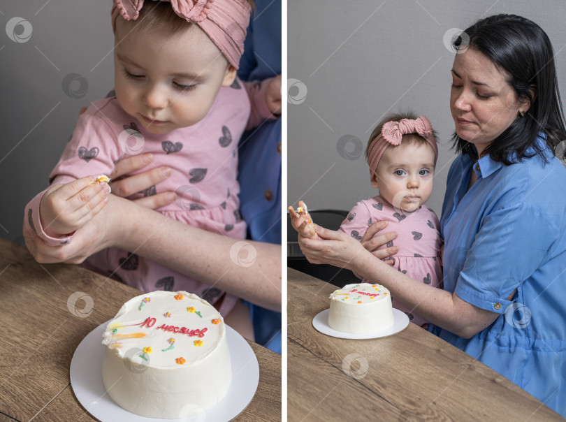 Скачать Коллаж, Мать и дочь с праздничным тортом фотосток Ozero