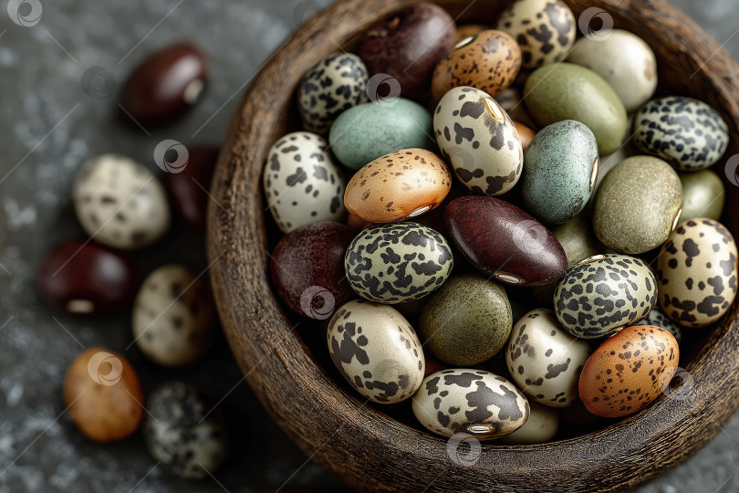 Скачать Прекрасная коллекция разноцветных бобов, разложенных в деревянной миске в деревенском стиле, демонстрирует Их Уникальные цвета и узоры на мягком фоне фотосток Ozero