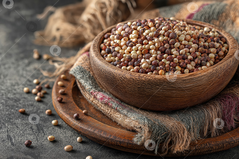 Скачать Деревянная миска в деревенском стиле, наполненная красочным ассортиментом различных зерен Киноа, на текстурированном фоне в землистых тонах фотосток Ozero