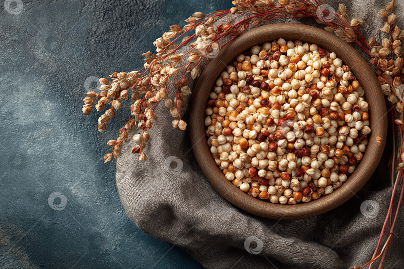 Скачать Красивая композиция из разноцветных семян киноа в миске в деревенском стиле, окруженная сушеными травами на текстурированном фоне фотосток Ozero