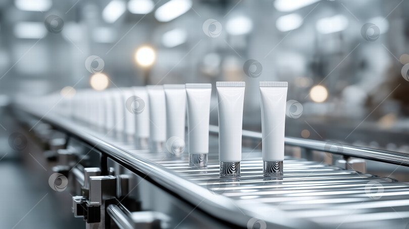 Скачать Усовершенствованное производство косметических кремов: Крупный план автоматизированной конвейерной системы, доставляющей однородные белые тюбики в современных заводских условиях. фотосток Ozero