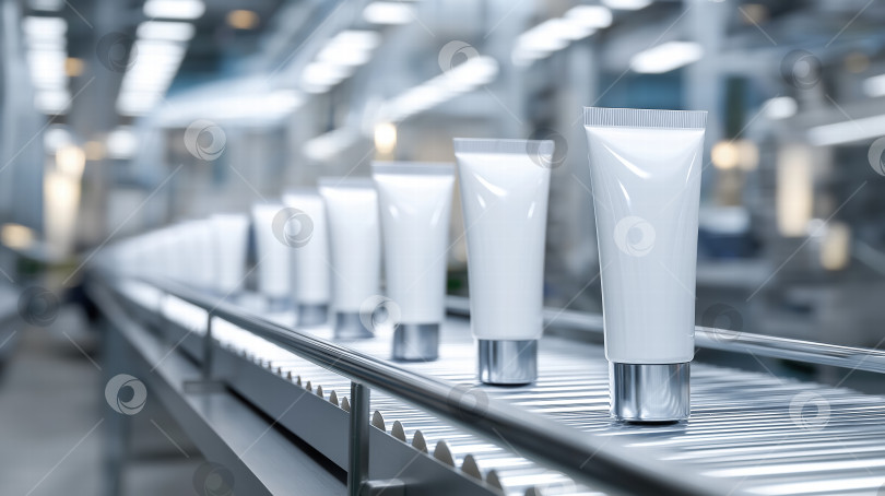 Скачать Конвейерная линия по сборке белых косметических тюбиков в современных заводских условиях, демонстрирующая автоматизированные процессы производства и контроля качества фотосток Ozero
