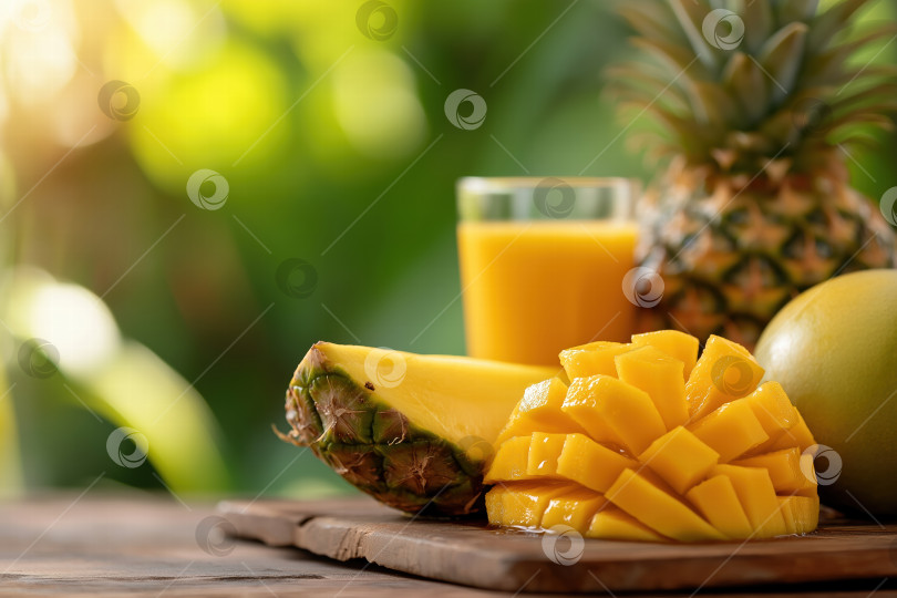 Скачать Яркие тропические фрукты: Потрясающая композиция из ананаса, манго и банана, подаваемая с освежающим соком, идеально подходит для летнего отдыха и здорового образа жизни. фотосток Ozero