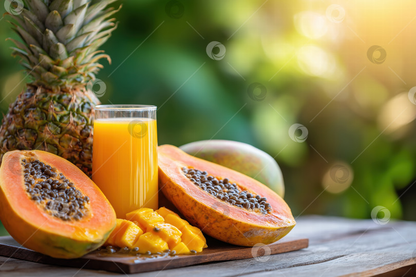 Скачать Освежающее тропическое ассорти из соков папайи, манго и ананаса подается в бокале в окружении свежих фруктов на деревянном столе в загородном стиле фотосток Ozero