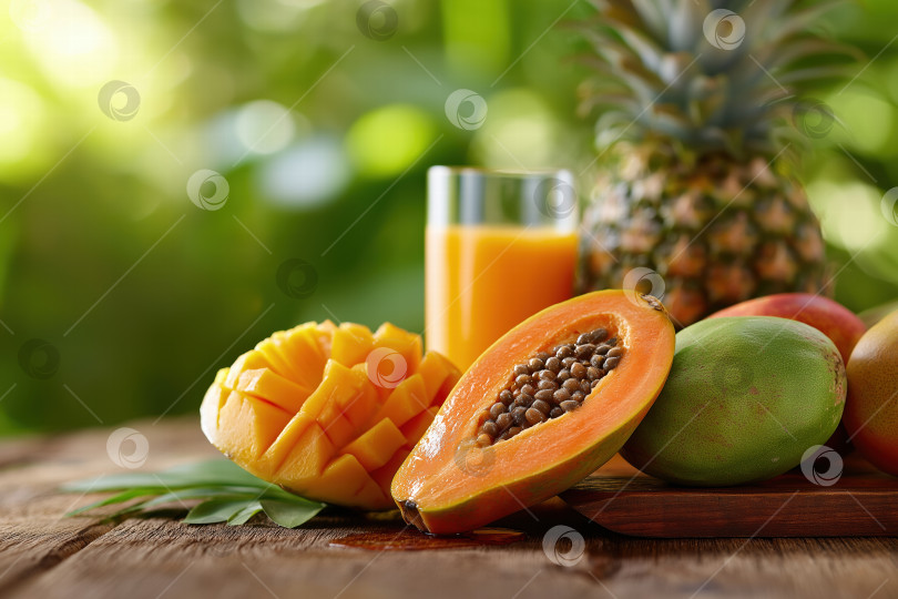 Скачать Яркая экспозиция тропических фруктов С манго, Папайей, ананасом и освежающим соком среди пышной зелени фотосток Ozero
