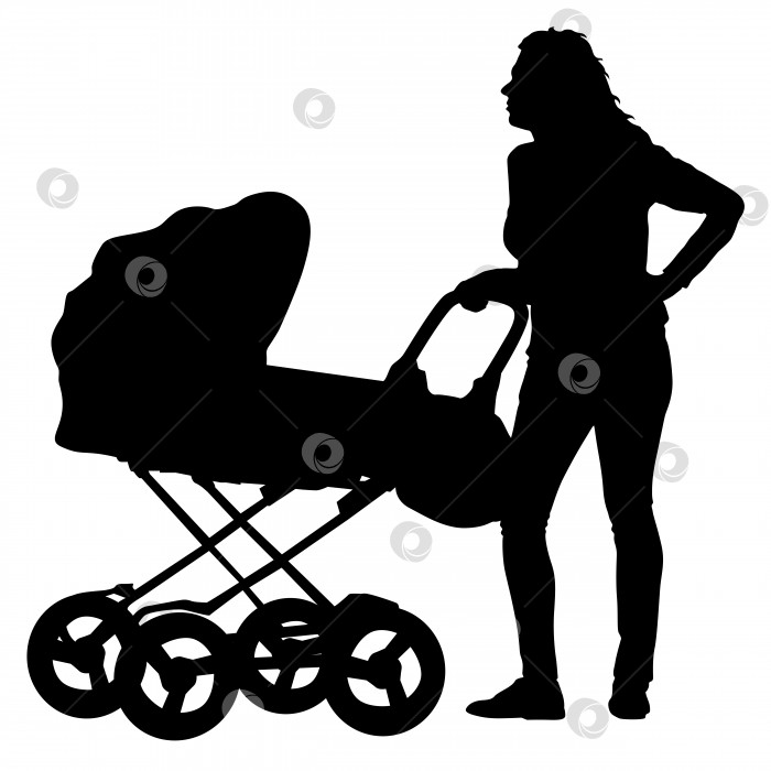 Скачать Черные силуэты семьи с детской коляской на белом фоне. Векторная иллюстрация фотосток Ozero