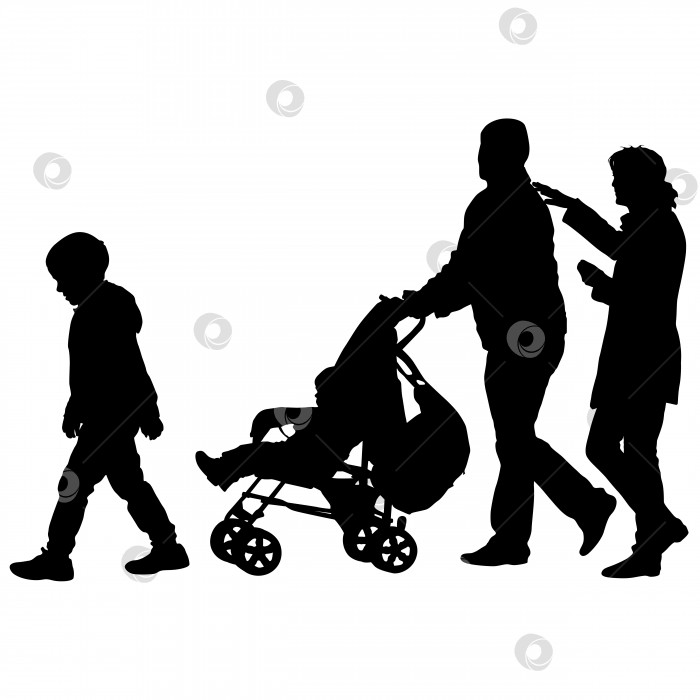 Скачать Черные силуэты семьи с детской коляской на белом фоне. Векторная иллюстрация фотосток Ozero