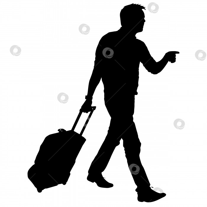 Скачать Черные силуэты путешественников с чемоданами на белом фоне. фотосток Ozero
