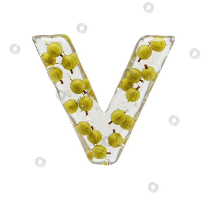 Скачать Фруктовый алфавит. Прозрачная буква V. Реалистичная форма буквы из бесцветного геля с ягодами внутри на прозрачном фоне. фотосток Ozero
