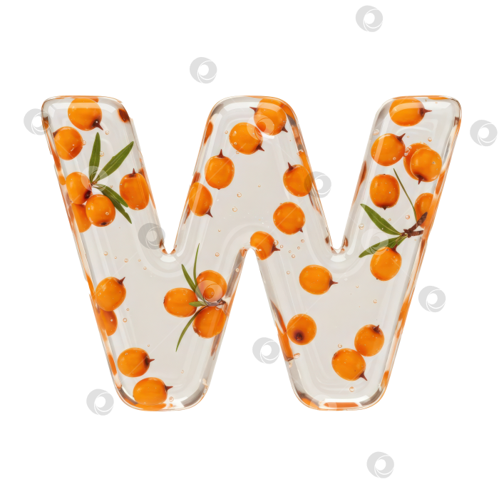 Скачать Фруктовый алфавит. Прозрачная буква W. Реалистичная форма буквы из бесцветного геля с ягодами внутри на прозрачном фоне. фотосток Ozero