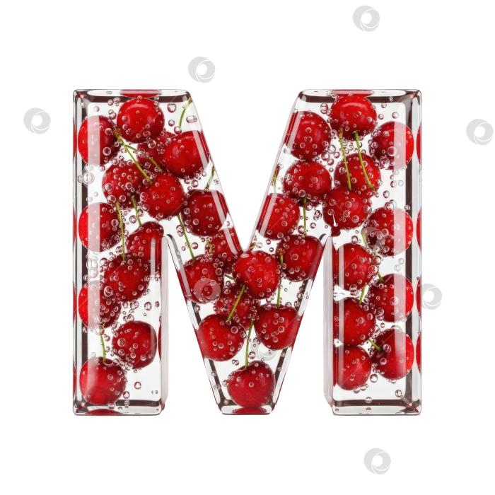 Скачать Фруктовый алфавит. Прозрачная буква М. Реалистичная форма буквы из бесцветного геля с ягодами внутри на прозрачном фоне. фотосток Ozero