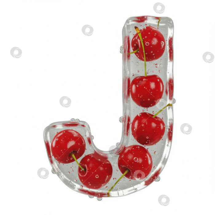 Скачать Фруктовый алфавит. Прозрачная буква J. Реалистичная форма буквы из бесцветного геля с ягодами внутри на белом фоне. фотосток Ozero
