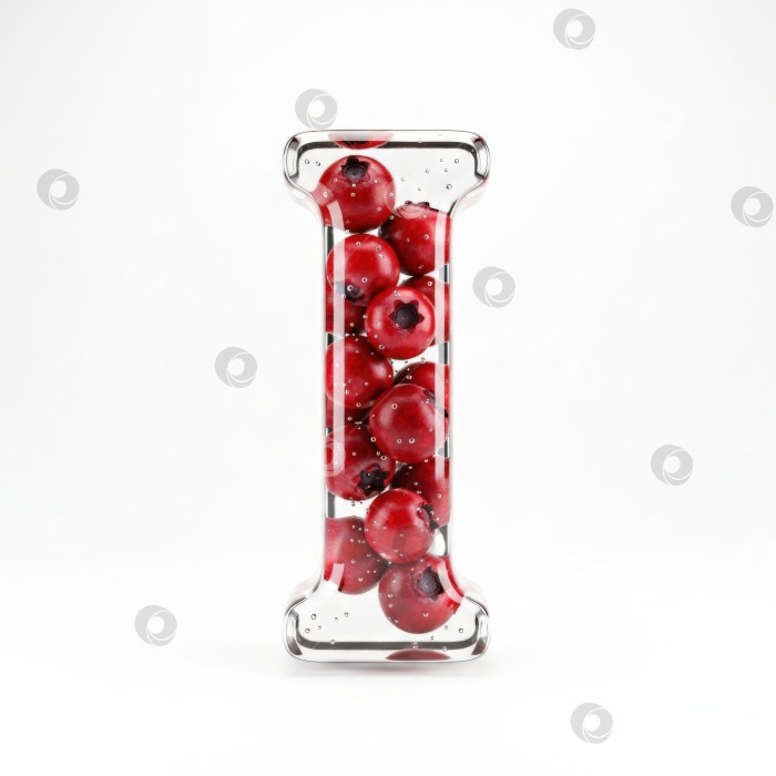 Скачать Фруктовый алфавит. Прозрачная буква I. Реалистичная форма буквы из бесцветного геля с ягодами внутри на белом фоне. фотосток Ozero