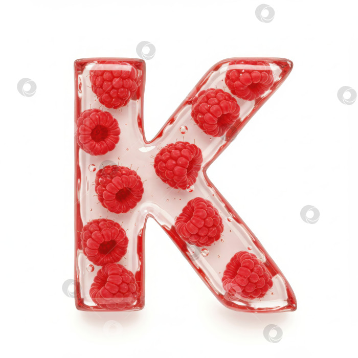 Скачать Фруктовый алфавит. Прозрачная буква К. Реалистичная буква из бесцветного геля с ягодами внутри на белом фоне. фотосток Ozero