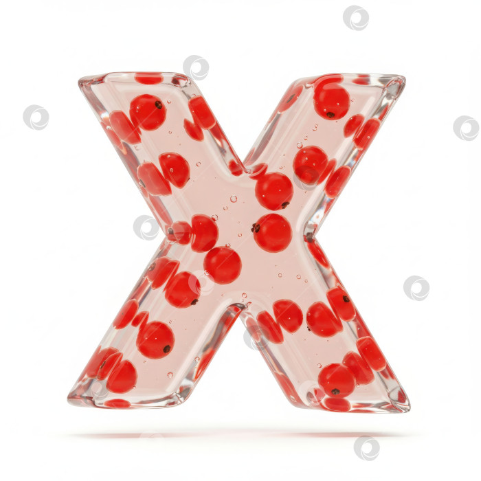 Скачать Фруктовый алфавит. Прозрачная буква X. Реалистичная форма буквы из бесцветного геля с ягодами внутри на белом фоне. фотосток Ozero